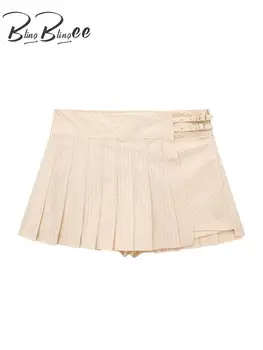 BlingBlingee 2023 הקיץ פסים הדפסה נשים מכנסיים קצרים חצאיות Traf עם חגורה גבוה מותן קפלים קו Skorts נקבה קצר שאיפה Y2K