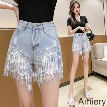 נשים קיץ מכנסי ג 'ינס קצרים 2023 Y2k אלגנטי אופנה גבוהה המותניים יהלום משובץ אבנים נוצצות נצנצים מכנס ג' ינס לנשים.