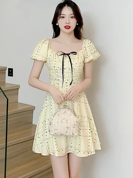 Y2K משובץ פאף שרוול חרטום מרובע צווארון השמלה לנשים קיץ אלגנטי Bodycon פרע שמלה קצרה 2023 קוריאני אופנה שמלות.