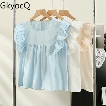 GkyocQ מתוק נשים חולצת שרוול קצר טמפרמנט יציב קפלים קט ענקיות אופנה קיץ מקסימום הנשי קוריאני חולצות חדשות