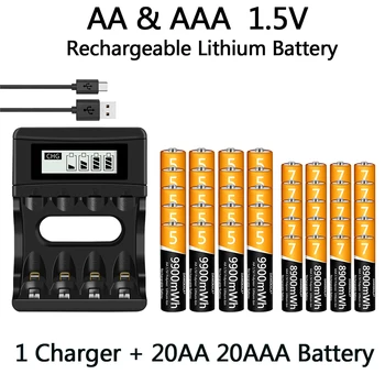 100% מקורי-AA, סוללה AAA 1.5 V סוללת ליתיום-יון נטענת 9900mWh AA 1.5 V AAA סוללה מטען USB חיי שירות ארוכים