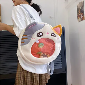 נשים יפניות קטיפה תיק כתף חתול חמוד תרמיל קריקטורה קטיפתי שקוף אחת כתף תיק