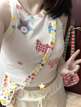חמוד Egirl מחוץ כתף האפוד הנשי קוריאני סגנון מתוק החולצה QWEEK יפנית Y2K לבן מצולעים גופיה נשים Harajuku Kawaii