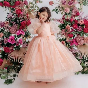 פרח בנות שמלות ורודות חמודה תפוחות שרוולים עבור החתונה הנסיכה O-צוואר שמלת נשף ילד הטקס הראשון שמלת מסיבת יום הולדת