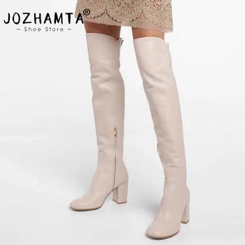 JOZHAMTA גודל 33-43 נשים ירך גבוהה מגפי החורף 2023 עור אמיתי עקבים גבוהים נעלי אישה Zip מותג יוקרה מעל מגפי ברך