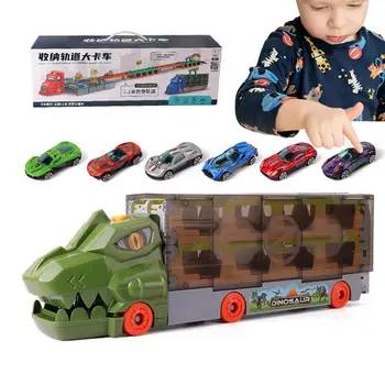 דינוזאור משאית הובלה נושאת רכב צעצוע דינו מודל החיה מיכל קיפול אחסון מסלול מירוץ לילדים, מתנת יום הולדת