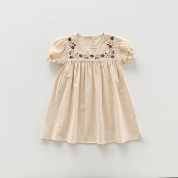 ילדה מתוקה רקמה שמלה חמודה פאף שרוולים מעולה נסיכה שמלות קיץ אופנה חדשה כותנה ילדים בוטיק שמלות