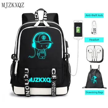 zkxqz מוסיקה זוהר טעינת USB אוזניות תרמיל בית הספר תיקי גב למחשב נייד ילקוט תרמיל אנימה