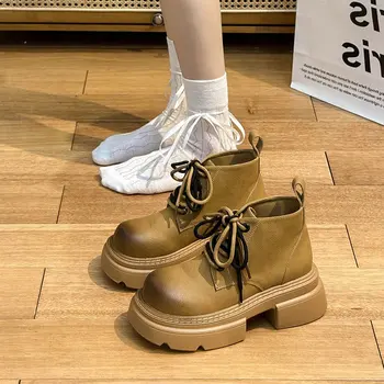 מגפי נשים חדש 2023 סתיו נעלי תחרה עגול הבוהן לרפואה גומי רוק אמצע שוק לוליטה בנות עגל אמצע מוצק מיקרופייבר רומא שנות ה-Ca