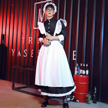 נשים קוספליי תלבושת לוליטה סט בגדים וינטג גברים, נשים, יוניסקס יפנית סגנון Kawaii גותי קפה תחפושת שחור ולבן