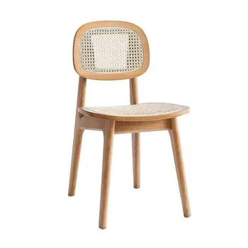 עץ מלא כיסאות בחדר האוכל ביתי קש ארוג כיסא עם משענת מודרני פשטות שני סגנונות זמינים עמיד