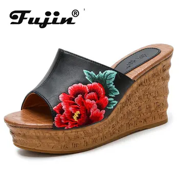 Fujin 8cm חדש נעלי נשים סנדלי אופנה נעלי הפלטפורמה הבוהן אלגנטי שקופיות קיץ עור אמיתי אתני Moccains נעליים