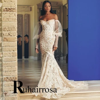 Ruhair מקסימה בת ים גבישי פאף שרוולים נתיקים רכבת שמלות חתונה עבור הכלה אפליקציות מותאמות אישית Vestidos דה נוביה