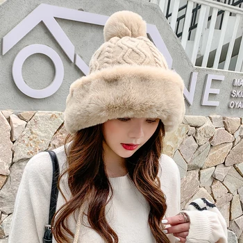 סתיו וחורף נשים סרוגים כותנה, קשמיר סוודר כובע עם שלושה כדורי צמר חמוד קטיפה מעובה קרים וחמים קאפ