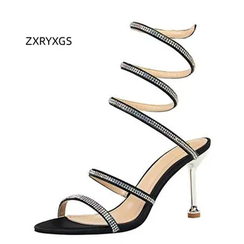 ZXRYXGS 2023 קיץ מעולה משי סאטן, יהלומים מלאכותיים נעלי קיץ אופנה סנדלים דק עקבים גבוהים הקרסול לעטוף סנדלי נשים סנדל