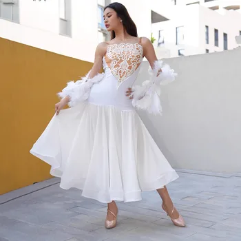 אישית 2023 נשים חדשות לתחרות ריקודים סלוניים שמלה לבנה טנגו מודרני ביצועים תחפושות סטנדרטי מסיבת ואלס ללבוש.