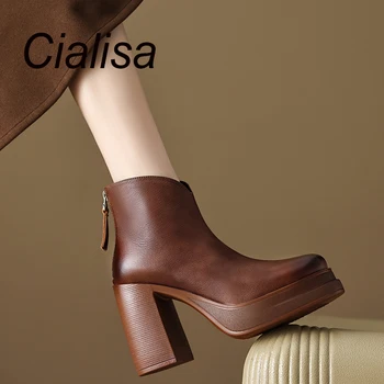 Cialisa באיכות גבוהה פלטפורמת עור אמיתי נשים מגפיים קצרים סתיו חורף עגול הבוהן רוכסן בקרסול מגף אלגנטי עקב גבוה נעליים