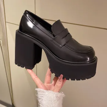 בלעדי עבה שחור קטן נעלי עור לנשים 2023 הצרפתי החדש וינטג 'סופר עקבים גבוהים מרי ג' יין ShoesWoman צד נעלי נשים