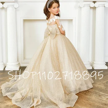 הנסיכה חתונה שמלת יוקרה אלגנטית שמפניה פרח ילדה קטנה טול שמלות חתונה שמלת מסיבת יום הולדת לילדים מותק