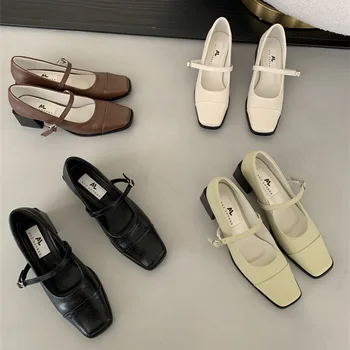 אופנה צרפתית מוצק יוקרה נעלי נשים אביב סתיו חדש בוהן מרובע מרובע העקבים נעלי ג ' יין מארי משרד ליידי תמציתי עקבים גבוהים