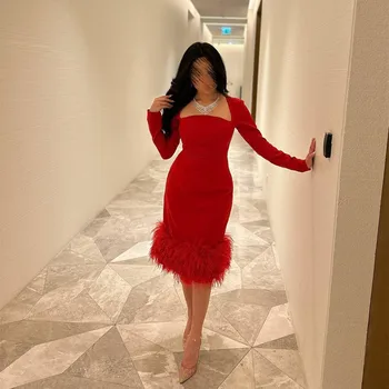 אדום קצר אחת כתף שמלות ערב עם נוצות נדן קרפ תה אורך Vestidos דה נוצ ' ה הנשף שמלות לנשים