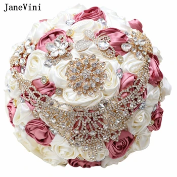 JaneVini סגנון קוריאני ורוד שנהב סרט פרחים זרי כלה גביש מלאכותי סאטן ורדים זר חתונה Accesorios נוביה