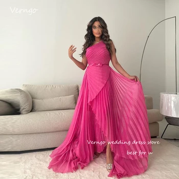 Verngo ורוד הפוקסיה קו הסעודית ערבית שמלות ערב כתף אחת קפלים שיפון ארוך שמלות לנשף רשמי מסיבה אירוע