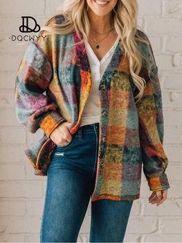 DQCWYY בגדי נשים, מעילים 2023 הסתיו החדש צמר בידוד Multi-צבע צבעוני מודפס עם שרוולים ארוך רופף מעיל לנשים
