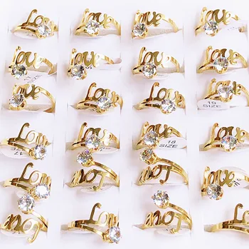 36Pcs/הרבה אהבה מילים חלולות גילוף עם זירקון פלדה אל חלד מצופה זהב טבעת נשים אופנה אהבה חתונה תכשיטים יפים