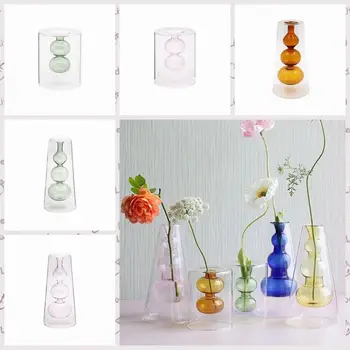 1 יח ' צבעוני אגרטל זכוכית יצירתי כדורית ארומתרפיה הבקבוק פשוט שקוף כפולה שכבתית אגרטלי פרחים