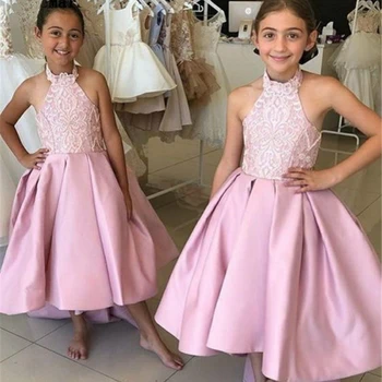 פרח ילדה שמלות שרוול קצר תחרה, אפליקציות טול חתונה בהזמנה אישית לחם הקודש הראשון בתחרות שמלת הנשף