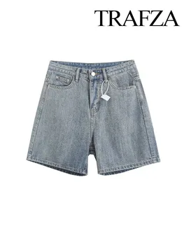 TRAFZA נקבה בציר מכנסיים קצרים מכנסיים כחולות גבוהה המותניים במצוקה על לחצן כיסי רוכסן קיץ מכנסי ג ' ינס אישה 2023 אופנתי