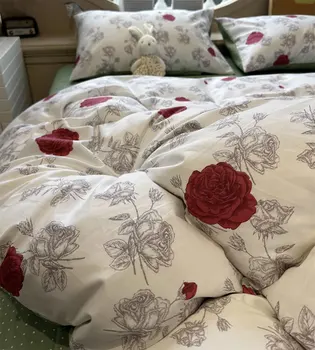 בציר פסטורלי פרח ורד אדום סט מצעים,תאום מלא המלכה רטרו כפרי כותנה הטקסטיל לבית מיטה זוגית מקרה כרית שמיכה לכסות