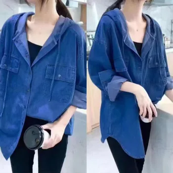2023 אביב סתיו אופנה נשים שרוול ארוך רופף שטחי כותנה, ג ' ינס מעילי אחת עם חזה משובח כחול מעיל עם ברדס P136
