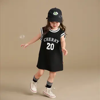 בנות קיץ מזדמן כותנה ספורט חולצות 18M-10שנים ללא שרוולים מנופחים חופשי כדורסל התינוק חולצות טי בגדים