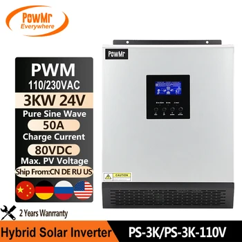 PowMr 3KVA גל סינוס טהור היברידי סולארי מהפך 110V 220VAC פלט 24VDC קלט 50A PWM מטען סולארי בקר על פנל סולארי