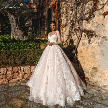 Alonlivn High-end כל אפליקציות תחרה כלה חצאיות Vestido de Noiva V-צוואר קו A-ארוך שרוולים שמלת החתונה
