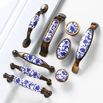 כחול ולבן פורצלן/ עתיק פליז ידיות אופנה יצירתי קרמיקה רהיטים ידית ברונזה מגירת ארון למשוך