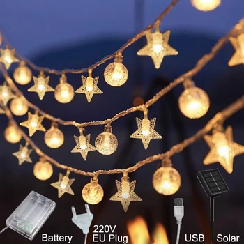 LED מחרוזת אורות פיות כדור אורות קמפינג תחת כיפת השמיים כוכבת אורות פסטיבל החג גן תפאורה חג המולד USB סוללה מנורה סולרית