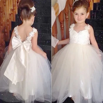 פרח ילדה שמלות לבן טול אפליקציות העליון עם קשת שרוולים עבור חתונה, מסיבת יום הולדת ראשונה שמלות קודש