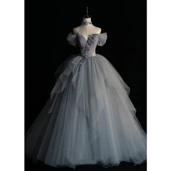 כתף אחת אלגנטית נסיכה, שמלת נשף החלוק רשת מסיבת חתונה Vestidos מותניים צרים שמלות ערב פרח עיצוב שמלת הנשף