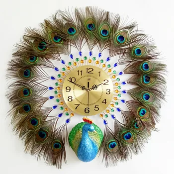 תליון טווס קוורץ שעון קיר אירופאי מודרני פשוט יצירתי סלון מעוצב אמנות קיר תפאורה שעון דיגיטלי