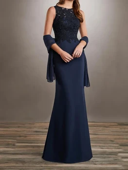 כחול כהה בת ים חצוצרת אמא של שמלת הכלה עם לעטוף שיפון ו-תחרה, אפליקציות רשמית מסיבת חתונה בקיץ 2023