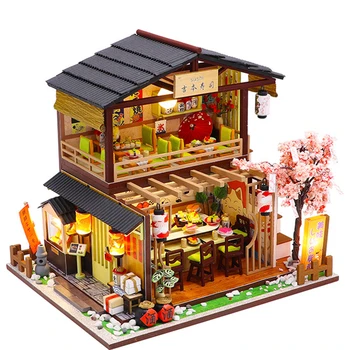 סושי יפני מסעדה עץ DIY עבודת יד דגם מיניאטורי LED הבניין מתנה