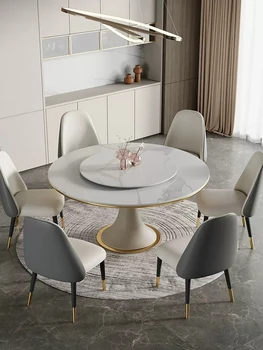 אור יוקרה רוק לוח שולחן אוכל, כיסא משולב, מודרני, ביתי פשוט עגולה שולחן אוכל עם הפטיפון