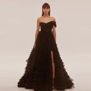 Xijun דובאי שחור שכבות טול קפלים שמלות ערב מתוקה חריץ Ruched הסעודית נשים ערביות הרשמית שמלות לנשף מסיבת 2023