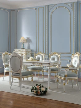 ארמון צרפתי רטרו שולחן אוכל, כיסא שילוב אשור 1.8 מ ' זהב פשוט האירופי יוקרה מעץ מלא שולחן האוכל.