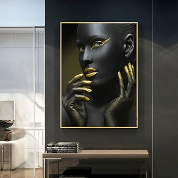 הזהב השחור אישה אפריקאית בד ציור דיוקן להדפיס פוסטר אמנות קיר תמונות עבור הסלון עיצוב הבית Cuadros