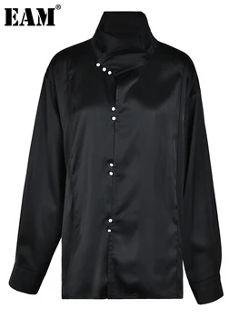 [ידה] נשים הכפתור השחור בציר גדול גודל החולצה החדשה לעמוד צווארון שרוול ארוך רופף להתאים חולצה אופנה האביב הסתיו 2023 CPG0354