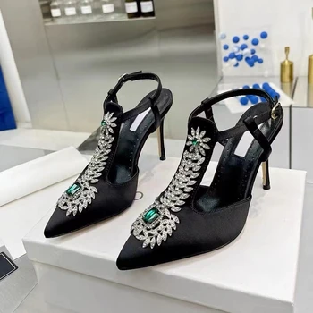 גבירותיי נעלי חתונה ריינסטון הצביע הבוהן עקבים גבוהים סאטן חן נעל סנדלים 2024 חדש Baotou פיית משאבה נעלי חתונה